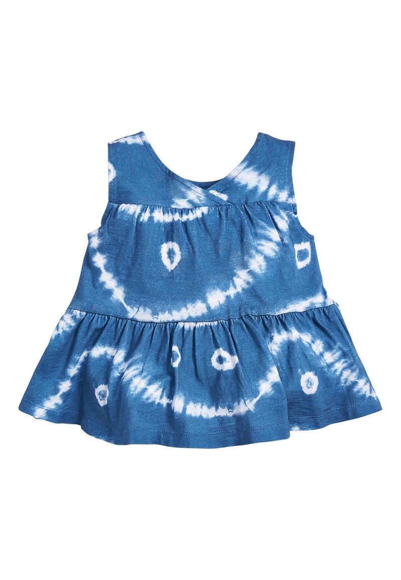 Robe sans manches bleue tie-dye pour tout-petit avec taille froncée et jupe évasée avec motifs circulaires blancs.