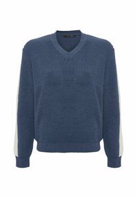 Navyblauwe gebreide trui met een V-hals, geribbelde textuur en crèmekleurige accenten op de mouwen. Heeft een ontspannen pasvorm en elastische boorden.