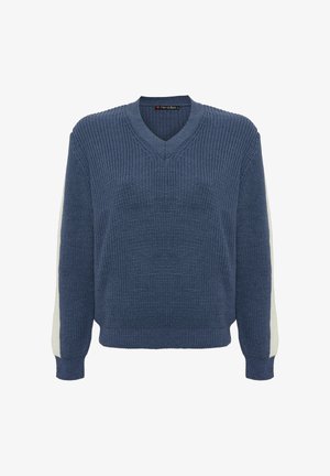 Navyblauwe gebreide trui met een V-hals, geribbelde textuur en crèmekleurige accenten op de mouwen. Heeft een ontspannen pasvorm en elastische boorden.