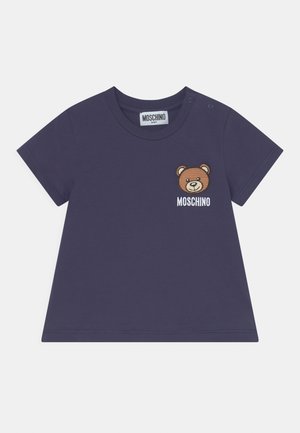 Navy blue baby T-shirt with short sleeves, embroidered brown teddy bear and "Moschino" text on the chest, and snap buttons on shoulder.