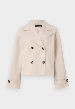 Beige double-breasted jacket, cropped design, made of lightweight fabric, featuring large black buttons and a classic lapel collar.