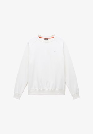 Bílá mikina s kulatým výstřihem a raglánovými rukávy, s žebrovanými manžetami a lemem, vyrobená z měkkého materiálu. Na přední straně má malé logo.