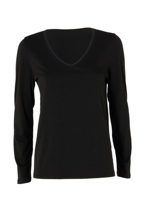 Maglietta nera a maniche lunghe con scollo a V e silhouette aderente, esposta su uno sfondo bianco.