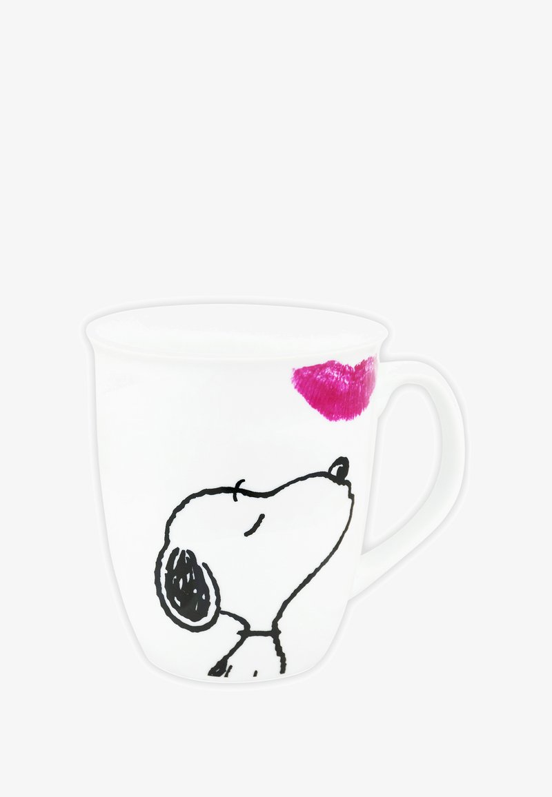 Tazza in ceramica bianca con un'illustrazione in contorno nero di un cane con un occhio chiuso, accompagnata da un bacio rosa vicino al bordo.