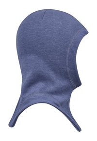 Blaue Baumwoll-Balaclava mit enger Passform, nahtlosem Design und verlängertem Nackenschutz. Verfügt über eine glatte Textur und dezente Nahtdetails.