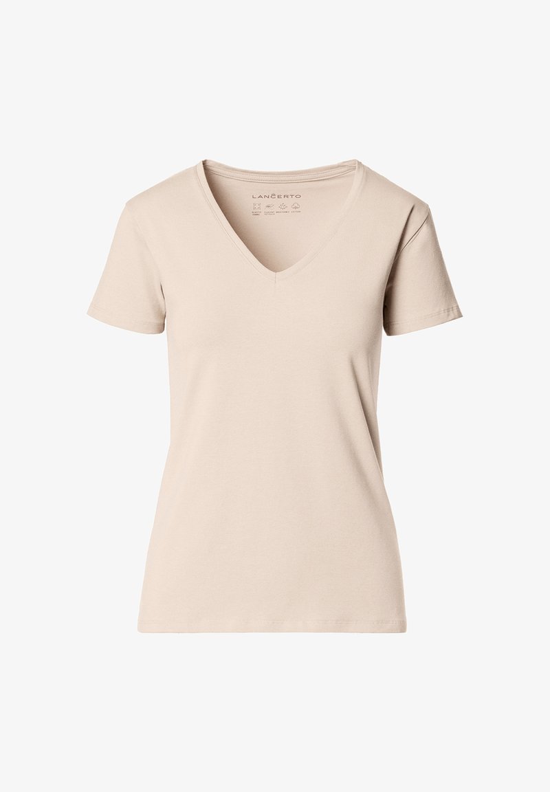 Beżowa damska koszulka z krótkim rękawem i dekoltem w serek, o prostym, dopasowanym kroju i gładkiej fakturze materiału na białym tle.