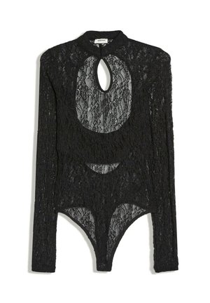 Body nero in pizzo a maniche lunghe con collo alto e apertura a goccia sul petto, realizzato in tessuto di pizzo floreale trasparente e chiusura a scatto sul fondo.