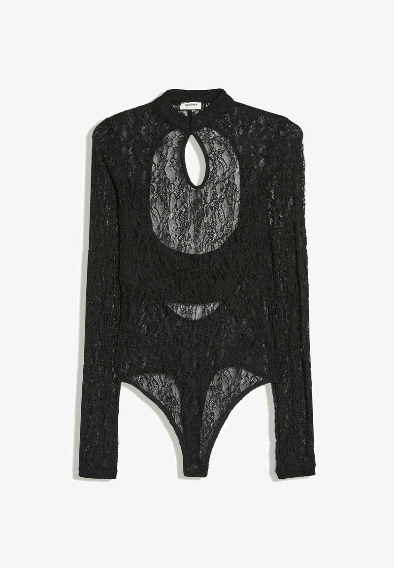 Body noir en dentelle à manches longues avec col haut et ouverture en forme de goutte sur la poitrine, en tissu de dentelle florale transparente, fermeture pressionnée en bas.