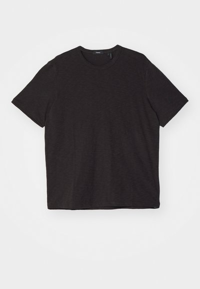 Black short-sleeve t-shirt with a round neckline, made of a textured fabric, featuring a relaxed fit and simple design without embellishments.