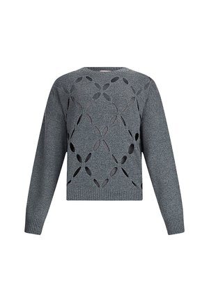 Maglione grigio lavorato a maglia con un motivo geometrico a intaglio, scollatura rotonda e polsini a coste. Presenta maniche lunghe e una vestibilità crop.