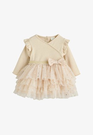 Beigefarbenes Baby-Outfit mit langen Ärmeln, gerafften Schultern, gestuftem Tüllrock mit goldenen Sternen und einer Stoffschleife an der Taille.