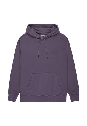 Lila Kapuzenpulli mit Fronttasche, Kordelzug-Kapuze und Logo auf der Brust. Hergestellt aus einem weichen Stoff mit gerippten Bündchen und Saum.