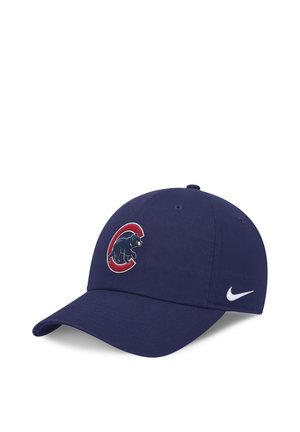 Navy blue baseball cap with red and white bear logo on front and white Nike swoosh on side.