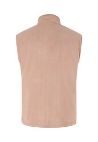 Fleece-Weste in hellem Beige mit hohen Kragen, ärmellosem Design, glatter Textur und ohne sichtbare Verschlüsse oder Verzierungen.