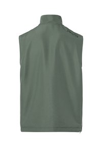 Gilet senza maniche verde oliva con colletto alto, texture liscia e un delicato dettaglio del logo vicino al collo. Sides con zip per funzionalità.
