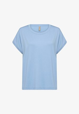 Light blue t-shirt made of ribbed fabric, featuring a round neckline and short, loose sleeves. Simple design, no visible patterns or accents.