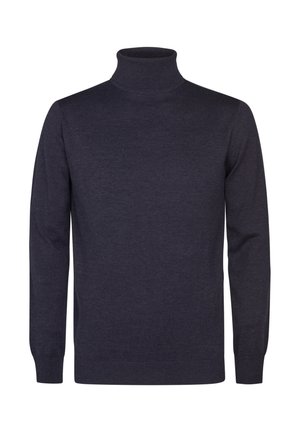Pull à col roulé bleu marine foncé en maille lisse, doté de manches longues et d'une finition côtelée aux poignets et au col pour un look ajusté.