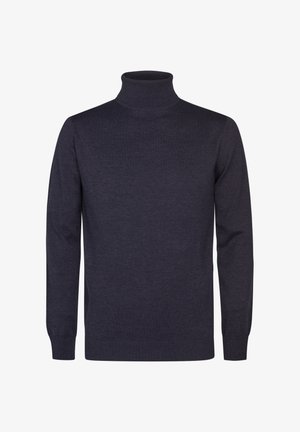 Pull à col roulé bleu marine foncé en maille lisse, doté de manches longues et d'une finition côtelée aux poignets et au col pour un look ajusté.