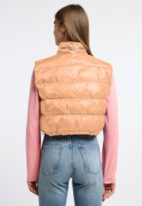 Perzikkleurige puffer vest met een cropped ontwerp en een hoge kraag, met gestikte panelen en een afgedrukte logo op de achterkant. Gepaard met een roze lange mouw.