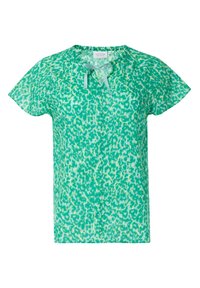 Short-sleeved, green top featuring a leopard print pattern in varying shades, with a round neckline and a matching ribbon tie at the front.