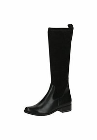 Black knee-high boots featuring a mix of smooth leather and soft fabric. Slightly rounded toe, low block heel, and rear pull tab for ease.