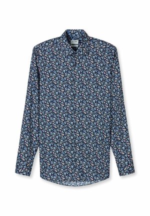 Chemise boutonnée à manches longues pour homme avec une base bleu foncé et un petit motif floral en bleu clair, rose et blanc.