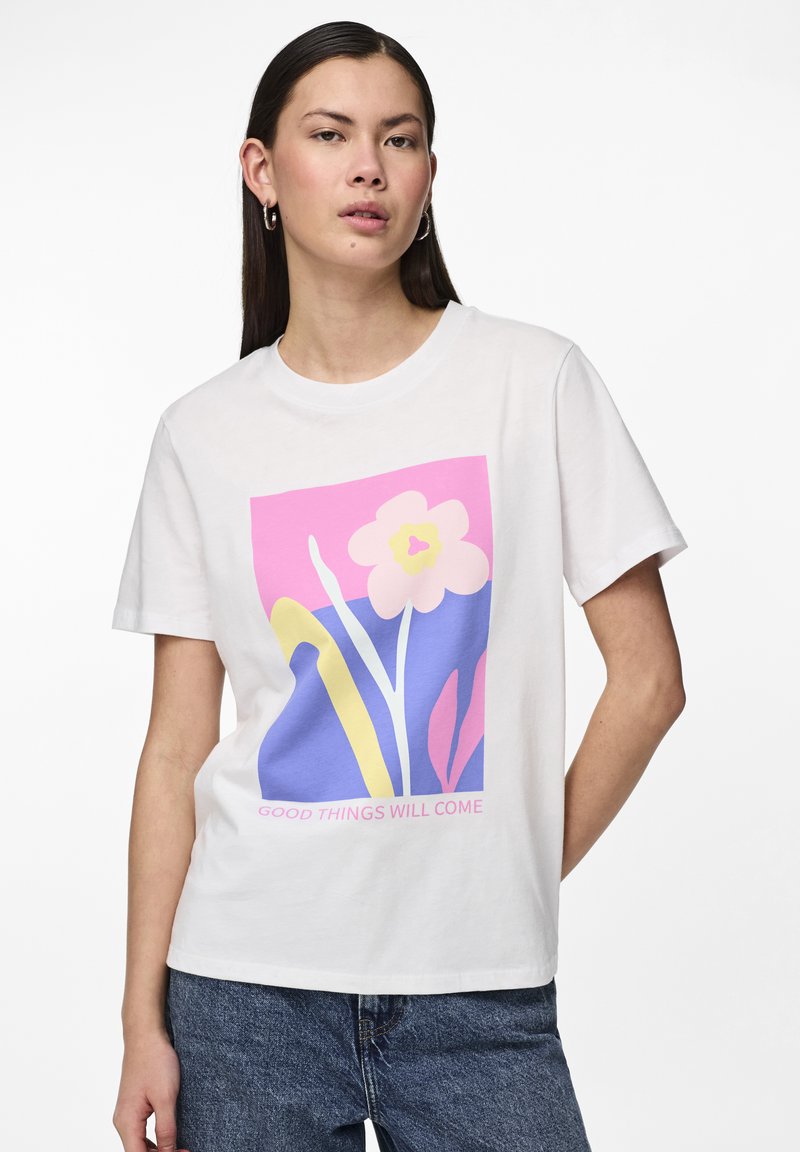 Pieces PCMOLLY O NECK TEE - Apdrukāts T-krekls - bright white/begonia pink