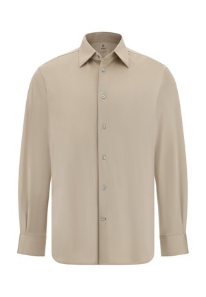 Camicia beige a maniche lunghe in tessuto morbido, con colletto a punta, orlo dritto e cinque bottoni sul davanti.