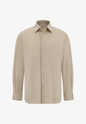 Camicia beige a maniche lunghe in tessuto morbido, con colletto a punta, orlo dritto e cinque bottoni sul davanti.