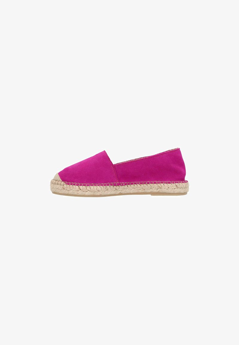 Espadrilles en suédine fuchsia avec une semelle en corde de jute. Dotées d'un design à enfiler et d'un bout rond, avec un tissu texturé et des coutures contrastées.
