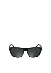 Czarne prostokątne okulary przeciwsłoneczne z szarymi soczewkami. Matowa plastikowa oprawka z metalowymi akcentami na zausznikach. Minimalistyczny design.