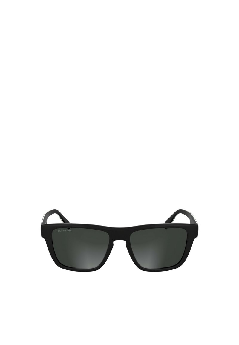 Black rectangular sunglasses with grey lenses. Matte finish plastic frame with metallic accents on the temples. Minimalist design.
