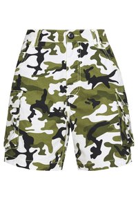 Pantaloni cargo mimetici verdi e bianchi con accenti neri, dotati di ampie tasche laterali, chiusura con bottone e design a taglio dritto.