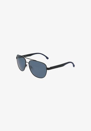 Occhiali da sole con montatura nera in metallo, lenti blu, design angolare, stanghette sottili e cuscinetti nasali per il massimo comfort.