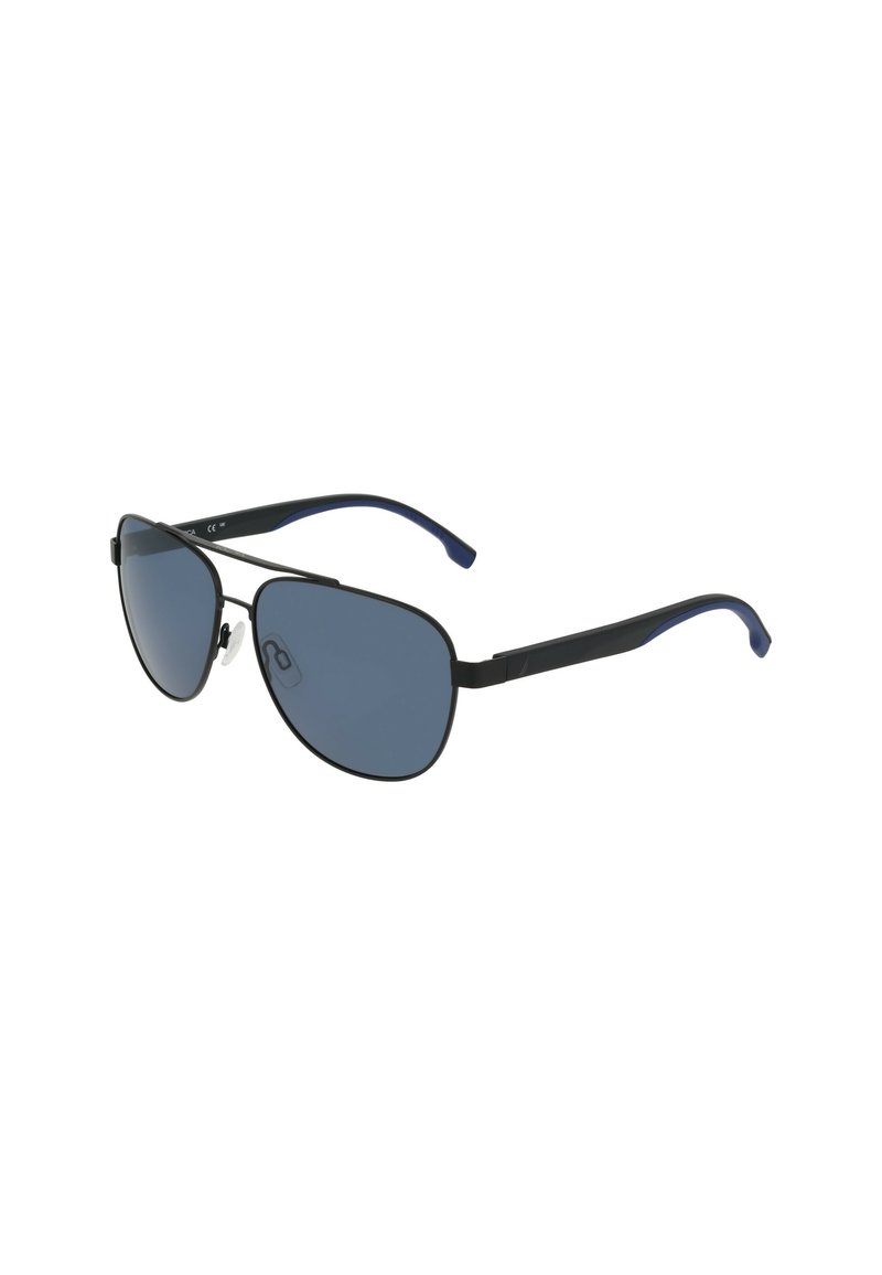 Occhiali da sole con montatura nera in metallo, lenti blu, design angolare, stanghette sottili e cuscinetti nasali per il massimo comfort.