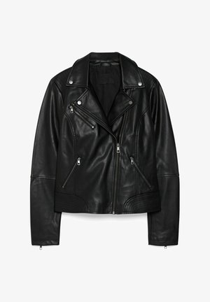 Black leather motorcycle jacket with a zipped front, snap collar, and quilted accents on shoulders and hem. Features silver hardware.