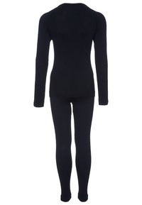 Ensemble composé d'un haut à manches longues et d'un legging noir, fabriqué en tissu lisse et extensible, au design ajusté avec une construction sans coutures, idéal pour le sport.
