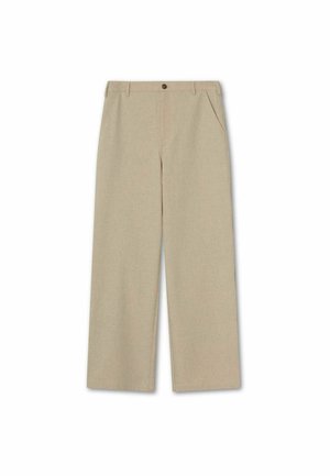 Beige široké kalhoty s bočními kapsami, poutky na opasek a jedním knoflíkem na uzávěr v pase.