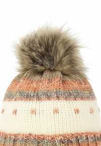 Knit beanie in cream, orange, and gray stripes, featuring a fluffy faux fur pom-pom on top and textured details throughout the fabric.