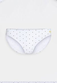 Baltas bikini dugnas su mažomis juodomis taškelėmis, su lygaus paviršiaus tekstūra, elastinga juosmens juosta ir etikete šone.
