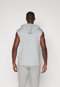 Grijze mouwloze hoodie met een capuchon, gemaakt van zachte stof. De achterkant heeft een eenvoudig ontwerp zonder zichtbare logo's of duidelijke patronen.