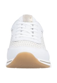 White sneaker with mesh panels, curved design, and round toe. Features laces, a textured white upper, and a light brown rubber sole.