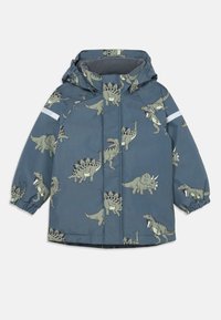 Giubbotto cappuccio blu per bambini con motivi di dinosauri verdi e strisce riflettenti sulle maniche, polsini elasticizzati e chiusura con zip davanti.