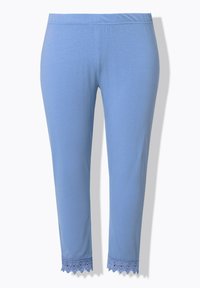 Blå lätta leggings med elastisk midja, med en dekorativ spetsdetalj vid vristen. Slät struktur och åtsittande design.