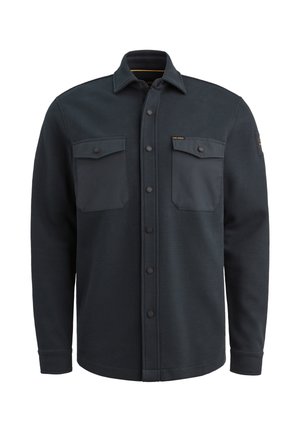 Dunkelgraues Hemd mit Knopfverschluss und zwei vorderen Taschen, aus strukturiertem Stoff. Mit Kragen und schwarzen Knopfverschluss ausgestattet.