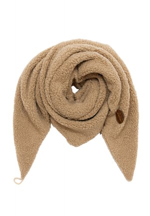 Tan fleece scarf, coiled in a spiral, featuring a soft texture and a small wooden accent at one side. Smooth edges with a triangular point.