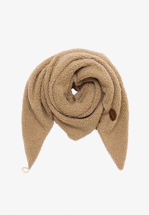 Tan fleece scarf, coiled in a spiral, featuring a soft texture and a small wooden accent at one side. Smooth edges with a triangular point.