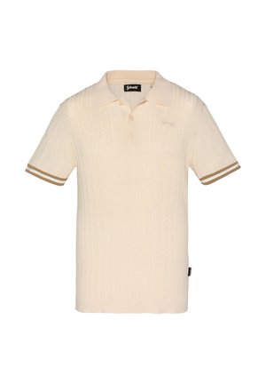 Polo en maille crème à manches courtes avec un motif en torsades subtil, col côtelé, patte de boutonnage à deux boutons et poignets de manches à rayures marron.