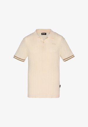 Polo en maille crème à manches courtes avec un motif en torsades subtil, col côtelé, patte de boutonnage à deux boutons et poignets de manches à rayures marron.