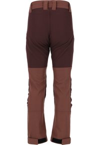 Bruine stoffen broek met een gladde afwerking en contrasterende onderstukken. Voorzien van een elastische tailleband en verstelbare boorden.